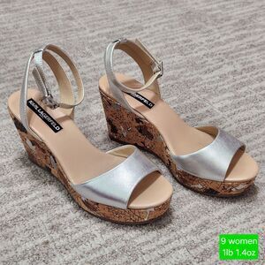 Karl Lagerfeld womens Carin platform wedge sandals silver size 9